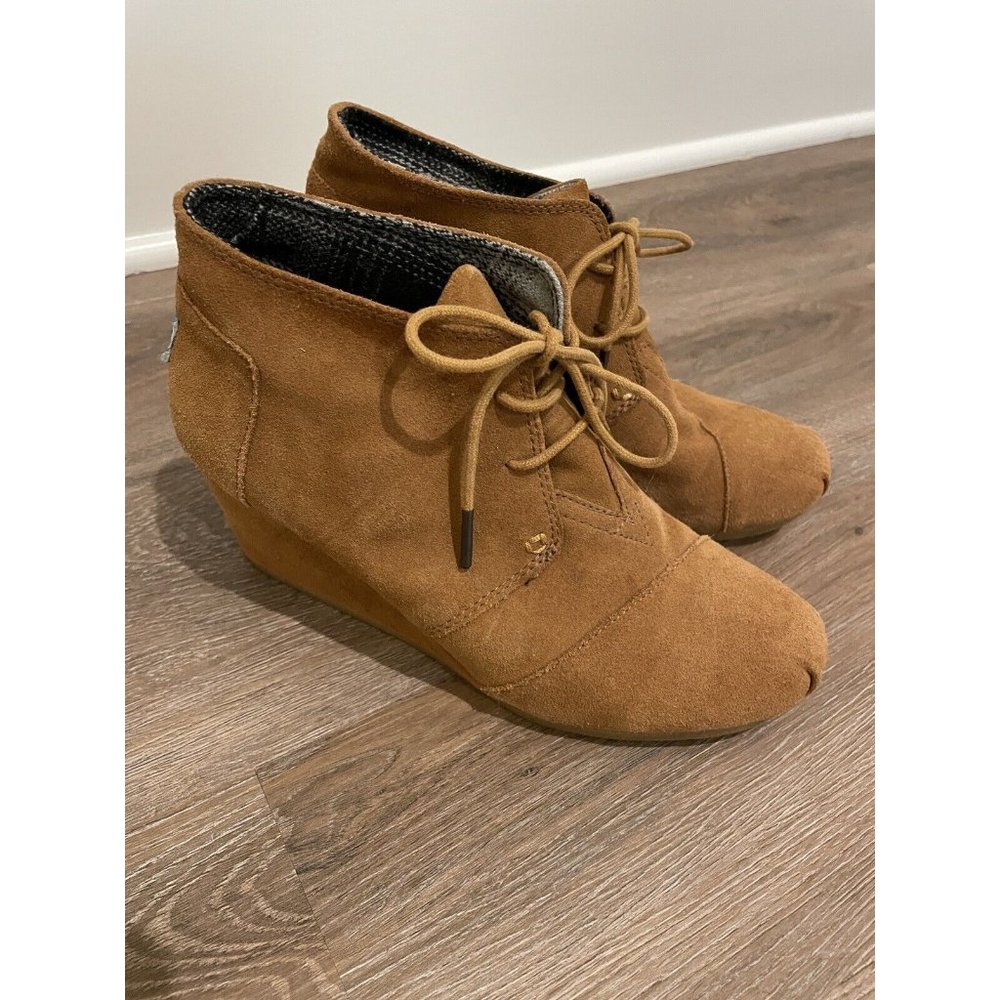 Toms Womens Desert Ankle Boots Booties Brown Suede Lined Wedge Lace Up W 8